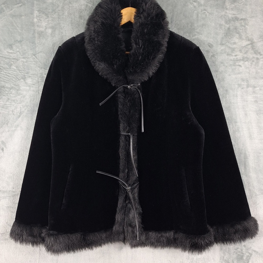 Womens Penny Lane Jacket Large Y2K Faux Fur Coat Tie Front Glam Mob Wife Velvet